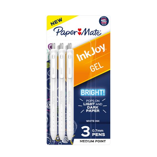 Paper Mate Inkjoy Gel Bright Retractable Pen Medium 0.7 Mm White Ink White Barrel 3/pack