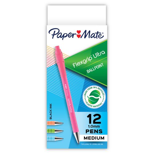 Paper Mate Flexgrip Ultra Recycled Ballpoint Pen Retractable Medium 1 Mm Black Ink Assorted Barrels Dozen