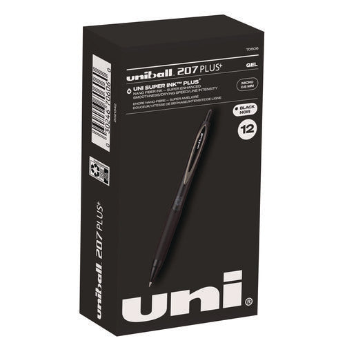 Uniball 207 Plus+ Gel Pen Retractable Micro 0.5 Mm Black Ink Black Barrel Dozen