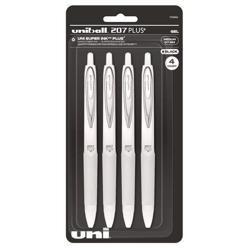 Uniball 207 Plus+ Gel Pen Retractable Medium 0.7 Mm Black Ink White Barrel 4/pack