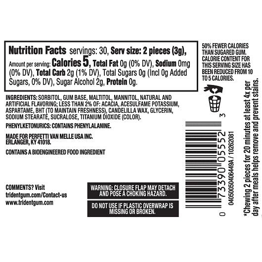 Trident White Spearmint Sugar Free Gum-60 Count-4/Box-6/Case