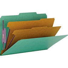 Six-section Pressboard Top Tab Classification Folders, Six Safeshield Fasteners, 2 Dividers, Legal Size, Green, 10/box