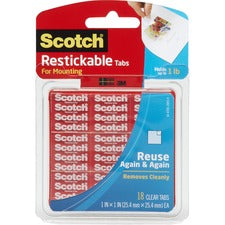 Restickable Mounting Tabs, Removable, Repositionable, Holds Up To 1 Lb (4 Tabs), 1 X 1, Clear, 18/pack