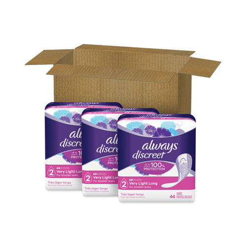 Discreet Incontinence Liners, Very Light Absorbency, Long, 44/pack, 3 Packs/carton