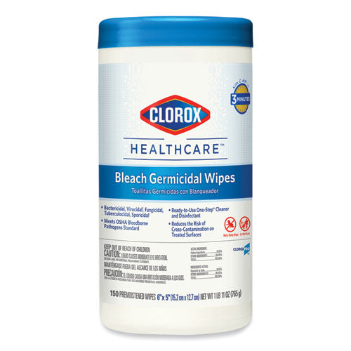Bleach Germicidal Wipes, 1-ply, 6 X 5, Unscented, White, 150/canister, 6 Canisters/carton