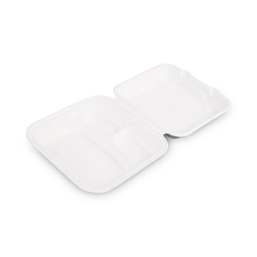 Bagasse Hinged Clamshell Containers, 3-compartment, 9 X 9 X 3, White, Sugarcane, 50/pack, 4 Packs/carton