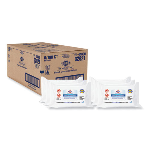 Bleach Germicidal Wipes, 6.75 X 9, Unscented, 100 Wipes/flat Pack, 6 Packs/carton