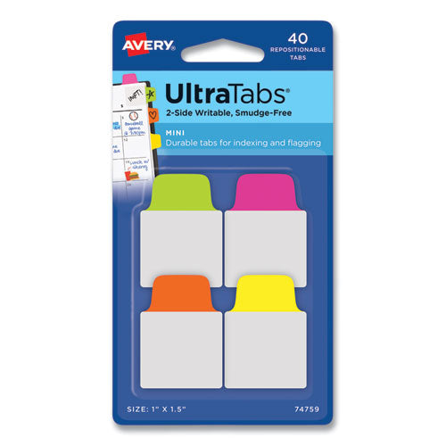 Ultra Tabs Repositionable Tabs, Mini Tabs: 1" X 1.5", 1/5-cut, Assorted Neon Colors, 40/pack