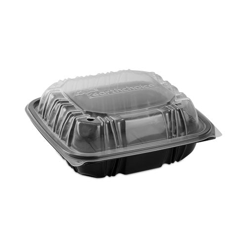 Earthchoice Vented Dual Color Microwavable Hinged Lid Container, 3-compartment, 21oz, 8.5x8.5x3, Black/clear, Plastic, 150/ct