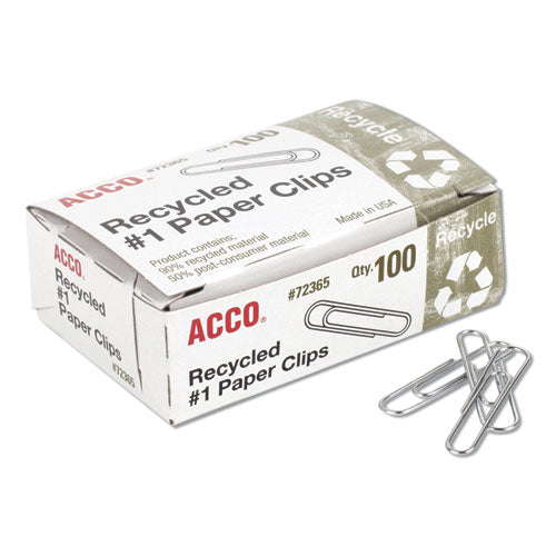 Recycled Paper Clips, #1, Smooth, Silver, 100 Clips/box, 10 Boxes/pack