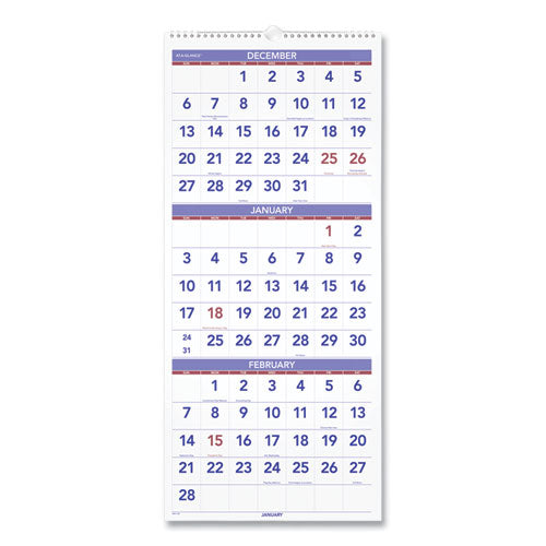 Deluxe Three-month Reference Wall Calendar, Vertical Orientation, 12 X 27, White Sheets, 14-month (dec To Jan): 2022 To 2024