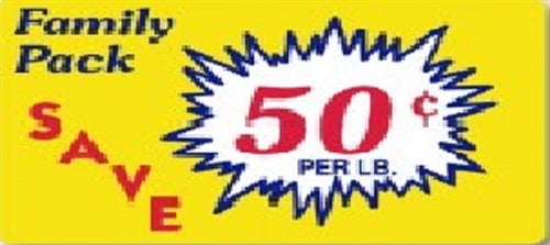 Label - Family Pack/Save 50¢/lb Yellow/Red/Blue 2.2x3.6 in. Burst 500/rl