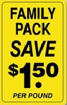 Label - Family Pack/Save 1.50 per Pound Yellow/Black 2.2x3.6 in. 250/rl