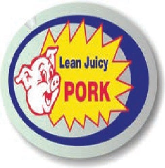 Label - Lean Juicy Pork( w/pig) Blue/Yellow/Red/White on Silver 1.25x2 in. Oval 500/rl