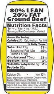 Label - Ground Beef 80%/20% w/nut fact Yellow/Black 1.5x3.62 in. Special 500/RL