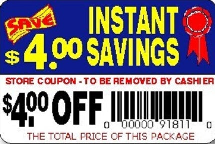 Label - Instant Savings-$4.00Off(tearoff) Blue/Red/Yellow/Black 2x3 in. 250roll