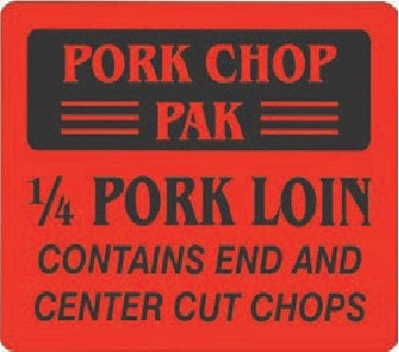 Label - Pork Chop Pak1/4 Pork Loin Black on Red 1.5x2.0 in. 1M/Roll