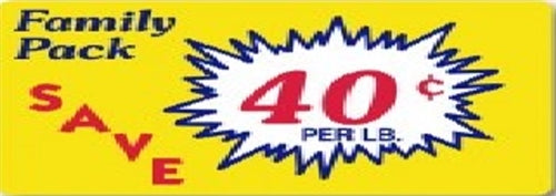 Label - Family Pack/Save 40¢/lb Yellow/Red/Blue 2.2x3.6 in. Burst 500/rl