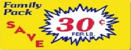 Label - Family Pack/Save 30¢/lb Yellow/Red/Blue 2.2x3.6 in. Burst 500/rl