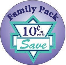 Label - Family Pack 10¢ Off Per Lb Blue/Green/Purple 3 In. Circle 500/Roll