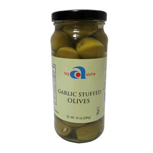 Big Alpha Olive Garlic Stuffed 70-90 ct per kg 10 oz. 12/ct.