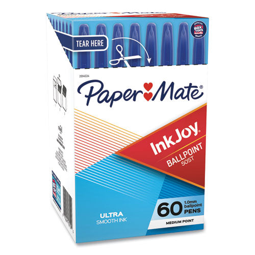 Inkjoy 50st Ballpoint Pen, Stick, Medium 1 Mm, Blue Ink, White/blue Barrel, 60/pack
