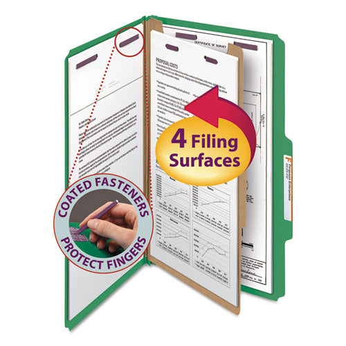 Four-section Pressboard Top Tab Classification Folders, Four Safeshield Fasteners, 1 Divider, Legal Size, Green, 10/box