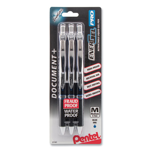 Energel Pro Gel Pen, Retractable, Medium 0.7 Mm, Blue Ink, Black Barrel, 3/pack