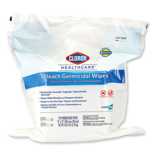 Bleach Germicidal Wipes, 1-ply, 12 X 12, Unscented, White, 110/refill, 2 Refills/carton