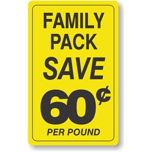 Label - Family Pack/Save 60¢ per Pound Yellow/Black 2.2x3.6 in. 250/rl
