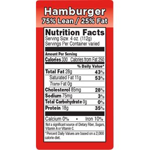 Label - Hamburger 75% Lean/25% Fat (nut Fact) Rd/Black/UV 1.5x3.0 In. 1M/Roll