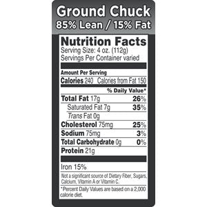 Label - Ground Chuck-85% Lean/15% Fat(nut Fact) Black/UV 1.5x3.0 In. 1M/Roll