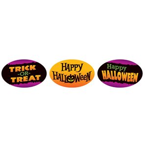 Label - Happy Halloween (3 versions) 4 color process 1.25x2 in. Oval 500/rl