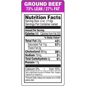 Label - Ground Beef-73% Lean/27% Fat (nut fact) Purp/Black/UV 1.5x3.0 in. 1M/Roll