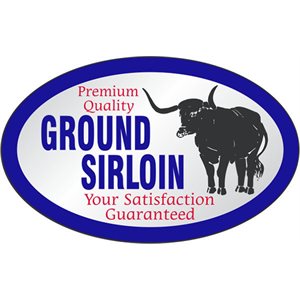 Label - Ground Sirloin(Premium) Blue/Black/Red on Silver 1.25x2 in. Oval 500/rl