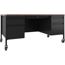 Lorell Fortress Series Walnut Top Teacher's Desk - 60" x 30" x 29.5" - Box, File Drawer(s) - Double Pedestal - T-mold Edge