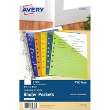 Avery&reg; Durable Mini Binder Pockets - For 3-Ring and 7-Ring Binders - 20 x Sheet Capacity - 5 1/2" x 8 1/2" Sheet - 7 x Holes - Ring Binder - Rectangular - Assorted, Green, Orange, Yellow, Purple - Polypropylene - 5 / Pack