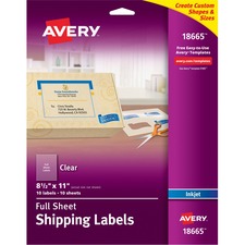 Avery&reg; Shipping Label - 8 1/2" Width x 11" Length - Permanent Adhesive - Rectangle - Inkjet - Frosted Clear - Film - 1 / Sheet - 10 Total Sheets - 10 Total Label(s) - 5