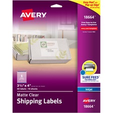 Avery&reg; Easy Peel Inkjet Printer Mailing Labels - 3 21/64" Width x 4" Length - Permanent Adhesive - Rectangle - Inkjet - Clear - Film - 6 / Sheet - 10 Total Sheets - 60 Total Label(s) - 5
