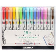Zebra Pen Mildliner Double-ended Assorted Highlighter Set 15PK - Fine Marker Point - Chisel, Bullet Marker Point Style - Assorted - White Barrel - 15 / Pack