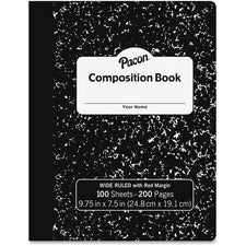 Pacon Composition Book - 100 Sheets - 200 Pages - Wide Ruled - 0.38" Ruled - Red Margin - 9.75" x 7.5" x 0.1" - White Paper - Black Marble Cover - Durable, Hard Cover - 1 Each