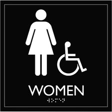 Lorell Restroom Sign - 1 Each - Women Print/Message - 8" Width x 8" Height - Square Shape - Easy Readability, Injection-molded - Plastic - Black