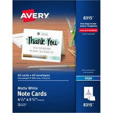Note Cards With Matching Envelopes, Inkjet, 85 Lb, 4.25 X 5.5, Matte White, 60 Cards, 2 Cards/sheet, 30 Sheets/pack