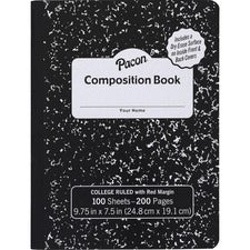 Pacon Marble Hard Cover College Rule Composition Book - 100 Sheets - 200 Pages - College Ruled - Red Margin - 9.75" x 7.5" - Black Marble Cover - Recyclable, Hard Cover - 1 Each