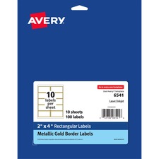 Avery&reg; Permanent Address Labels - 4" x 2" Length - Permanent Adhesive - Rectangle - Inkjet, Laser - Matte White, Metallic Gold - 10 / Sheet - 100 / Pack - Peel-off, Curl Resistant, Stick & Stay, Pop Up Edge, Tear Proof
