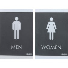 Headline Signs ADA MEN/WOMEN Restroom Sign - 1 Set - Men, Women Print/Message - 6" Width - Rectangular Shape - Silver Print/Message Color - Adhesive Backing, Durable, Pictogram, Self-adhesive, Braille - Plastic - Black, Gray