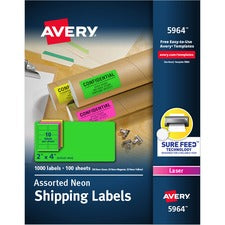 Avery&reg; High Visibility Neon Shipping Labels - 2" Width x 4" Length - Permanent Adhesive - Rectangle - Laser - Neon Magenta, Neon Green, Neon Yellow - Paper - 10 / Sheet - 100 Total Sheets - 1000 Total Label(s) - 1000 / Box