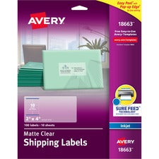 Avery&reg; Easy Peel Inkjet Printer Mailing Labels - 2" Width x 4" Length - Permanent Adhesive - Rectangle - Inkjet - Clear - Film - 10 / Sheet - 10 Total Sheets - 100 Total Label(s) - 5