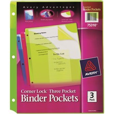 Avery&reg; Corner Lock Binder Pockets - 20 x Page Capacity - For Letter 8 1/2" x 11" Sheet - 3 x Holes - Ring Binder - Rectangular - Blue, Green, Pink - Polypropylene - 3 / Pack