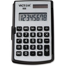 Victor 908 Handheld Calculator - Big Display, Battery Backup, Independent Memory, Rounded Keytop, Dual Power - 8 Digits - LCD - Battery/Solar Powered - 2.9" x 4.4" x 0.4" - Black - Rubber Keys- 1 Each